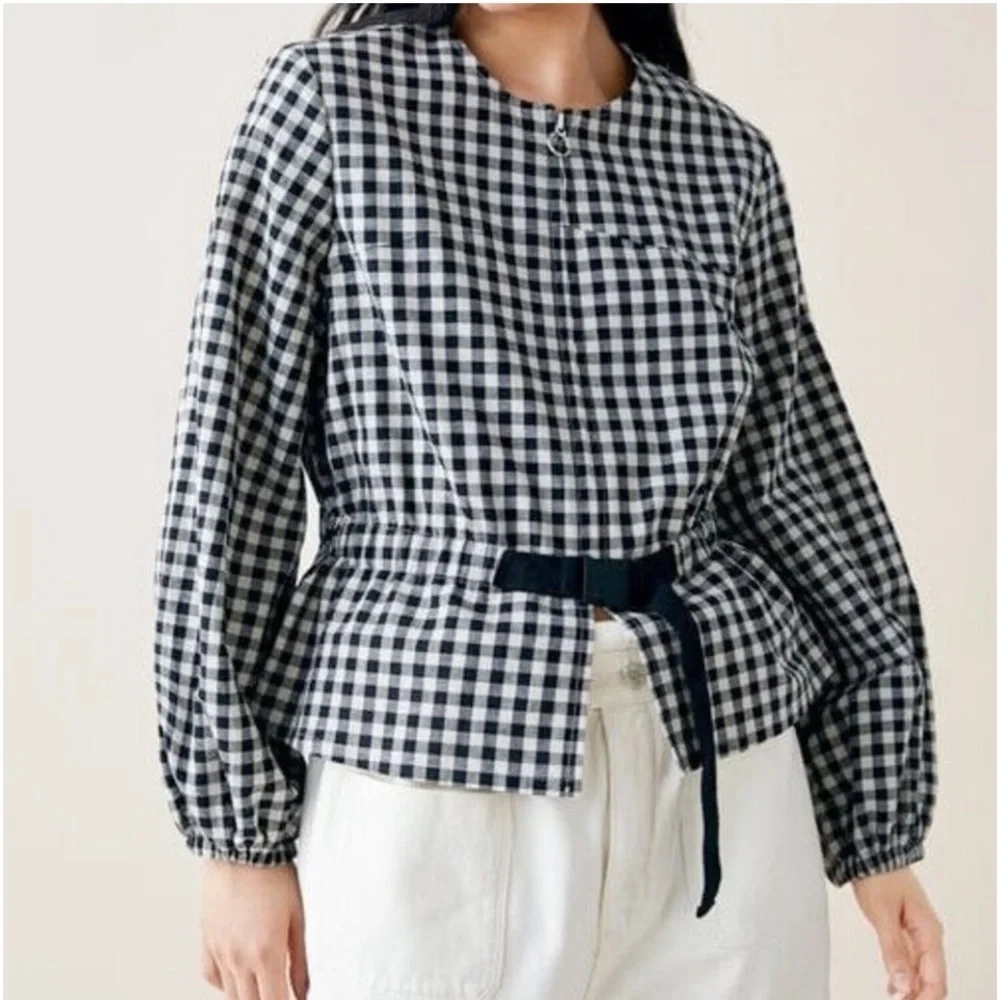Zara Gingham Linen Blend Puff Sleeve Zipper Jacket Sz M